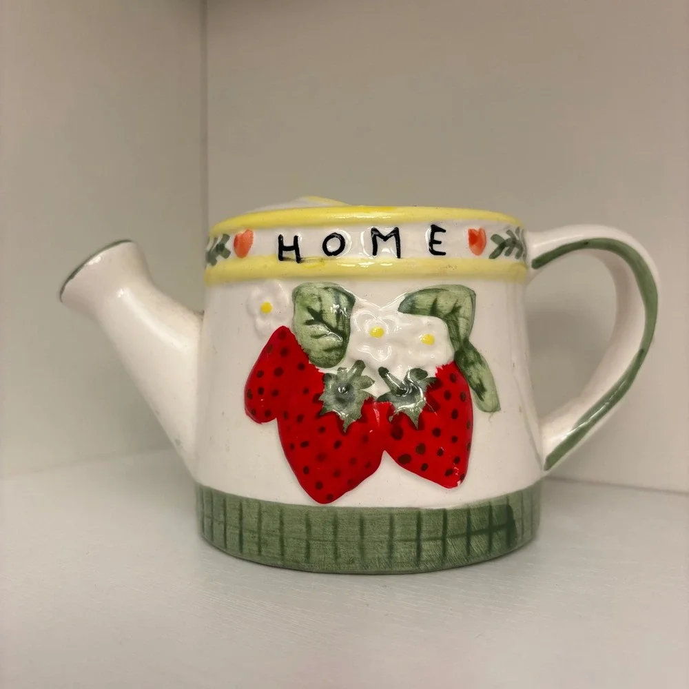 VTG Ceramic Strawberry HOME Watering Can Pitcher Cottagecore Decor as is